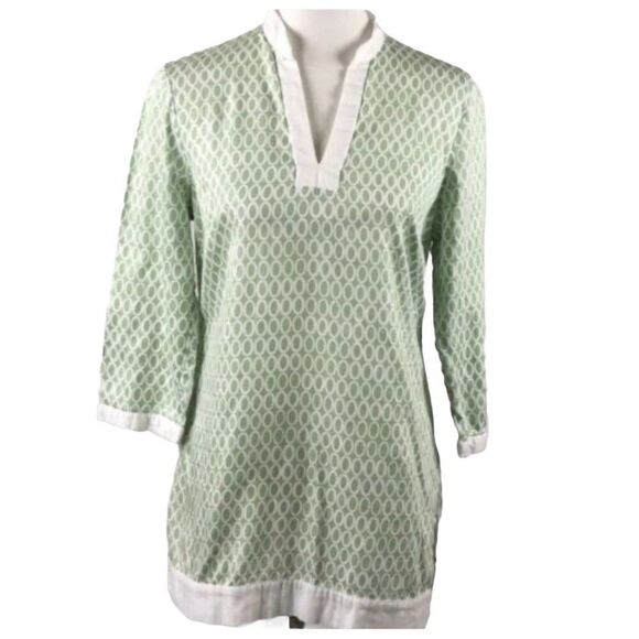 346 Brooks Brothers Women's V Neck Tunic Geometric Pattern Top Green US XS - Picture 2 of 9